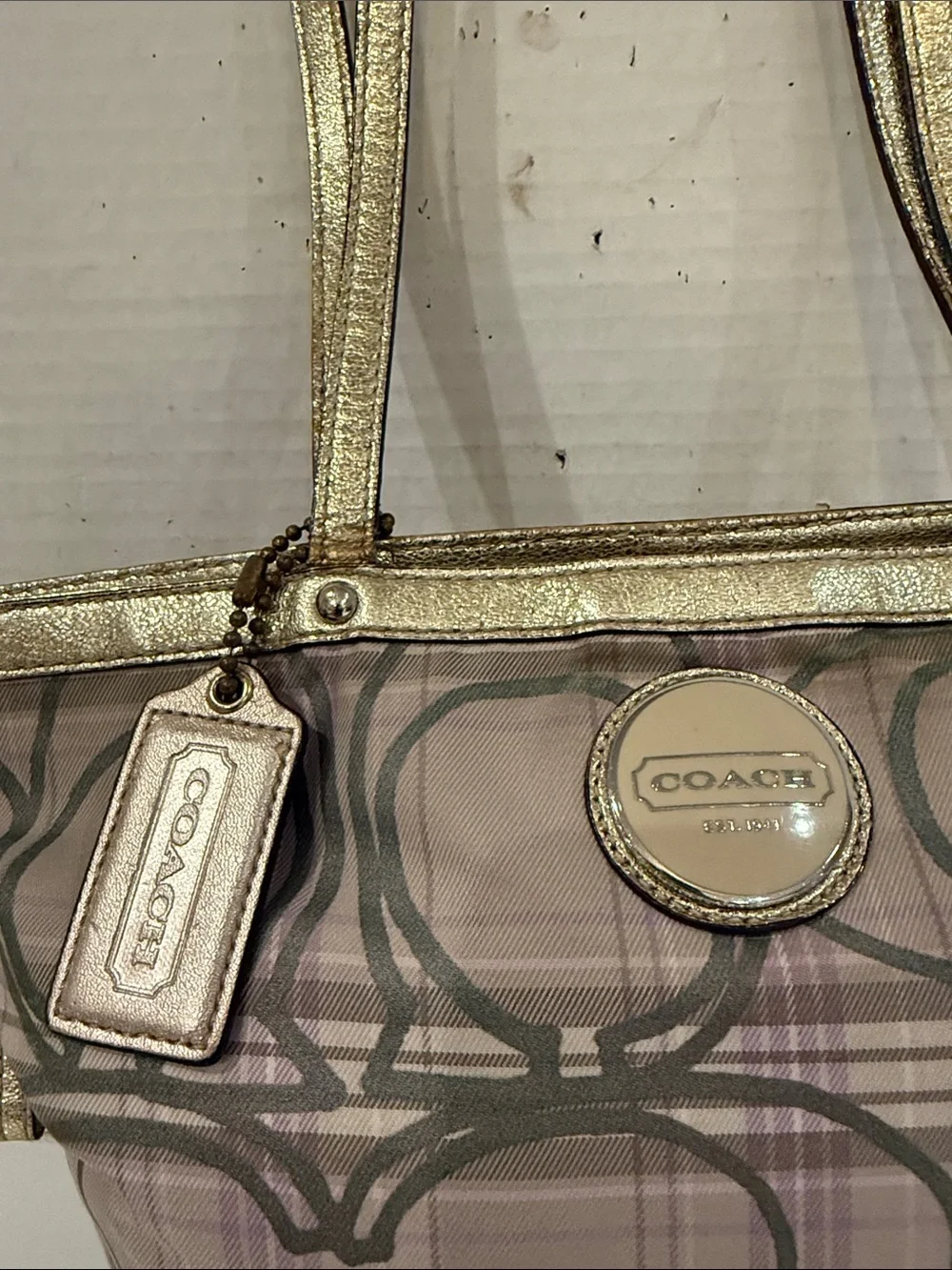 Coach Gray & Light Purple Plaid Signature Shoulder with Gold Leather Trim